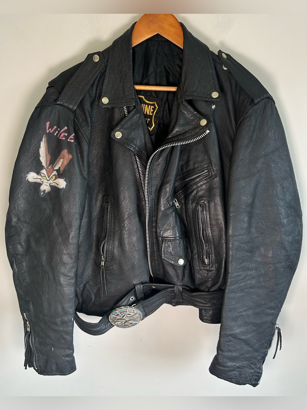 Genuine Leather Double Rider Motorcycle Jacket Wile E Coyote Vintage 90s Buckle